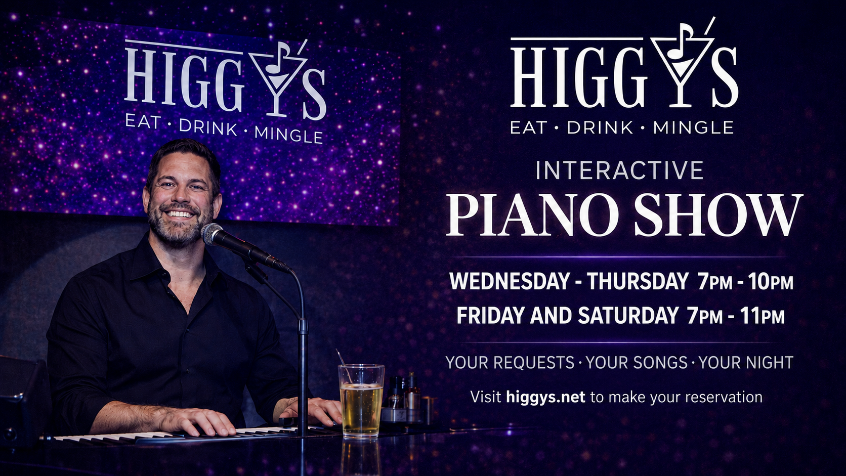 Man smiling at a piano onstage for Higgy’s live piano show, with neon sign and drink on piano.