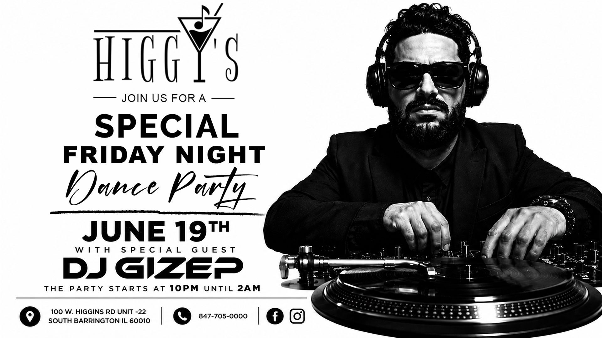 Flyer for a special Friday night dance party with DJ Gizer, featuring a DJ at turntables.