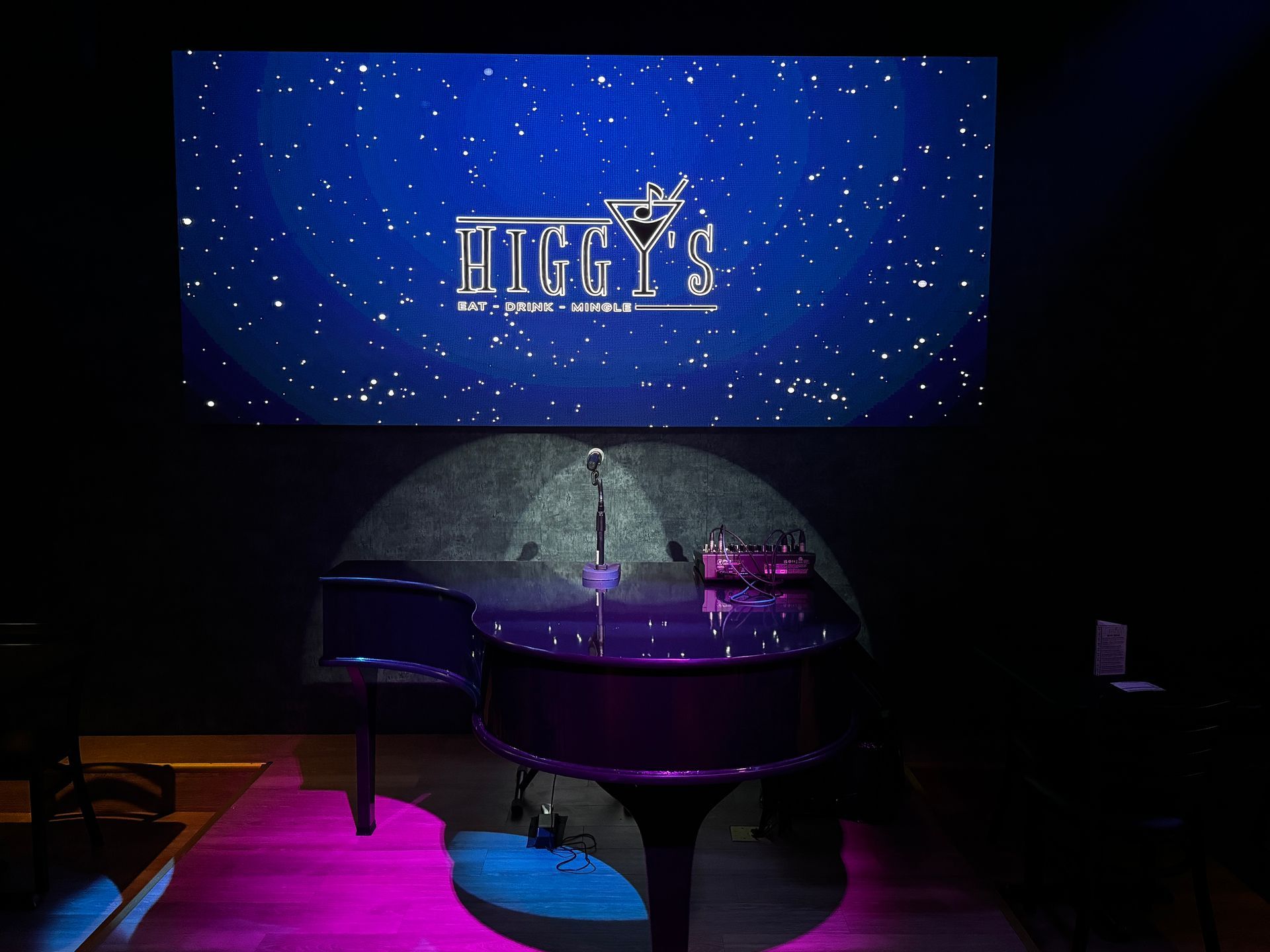 A dark, empty stage with a purple piano, microphone, and a starry background with a bar's logo.