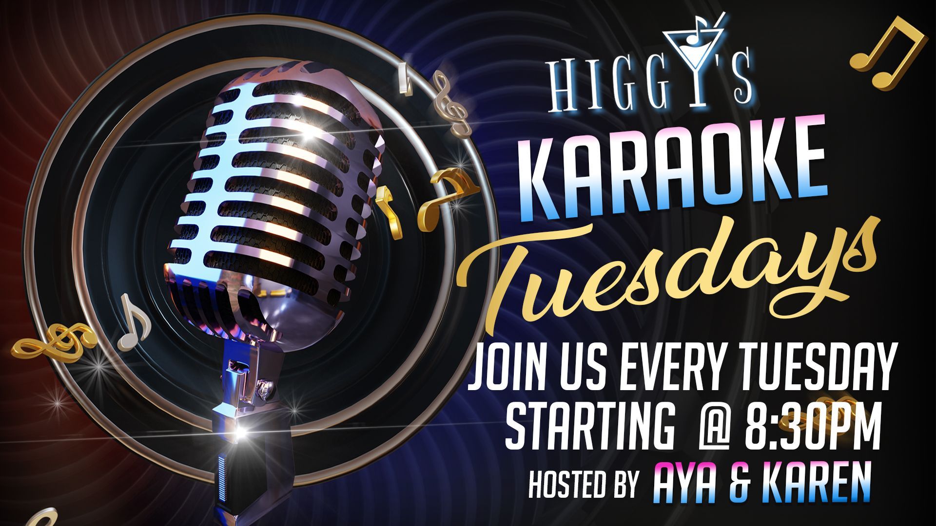 Higgy's Karaoke Tuesdays promo with retro microphone, blue-purple lights, and event details: Tuesdays at 8:30 PM