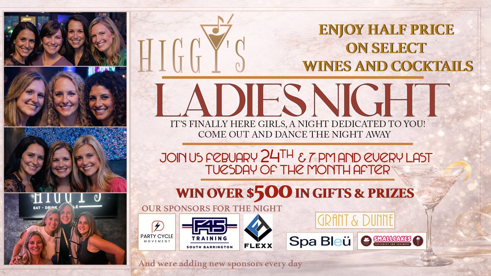 Advertisement for Higgy's Ladies Night, offering half-price drinks, gifts, and prizes, held on Tuesdays.