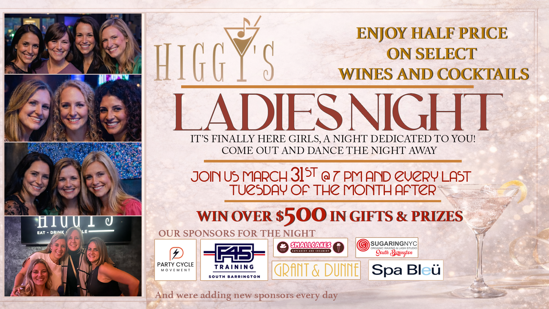 Advertisement for Higgy's Ladies Night, offering half-price drinks, gifts, and prizes, held on Tuesdays.