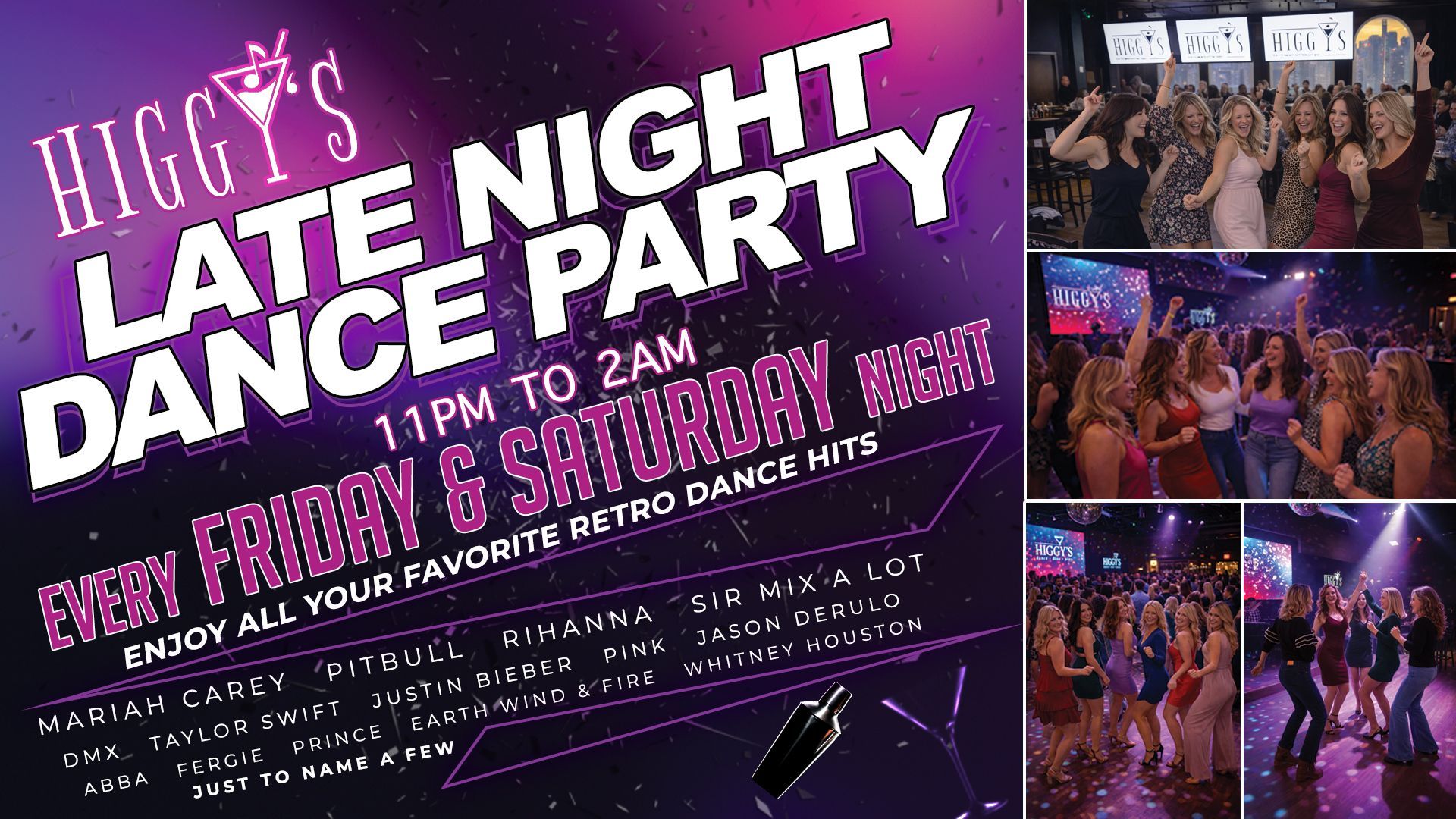 Late night dance party poster with purple neon text and nightclub crowd photos