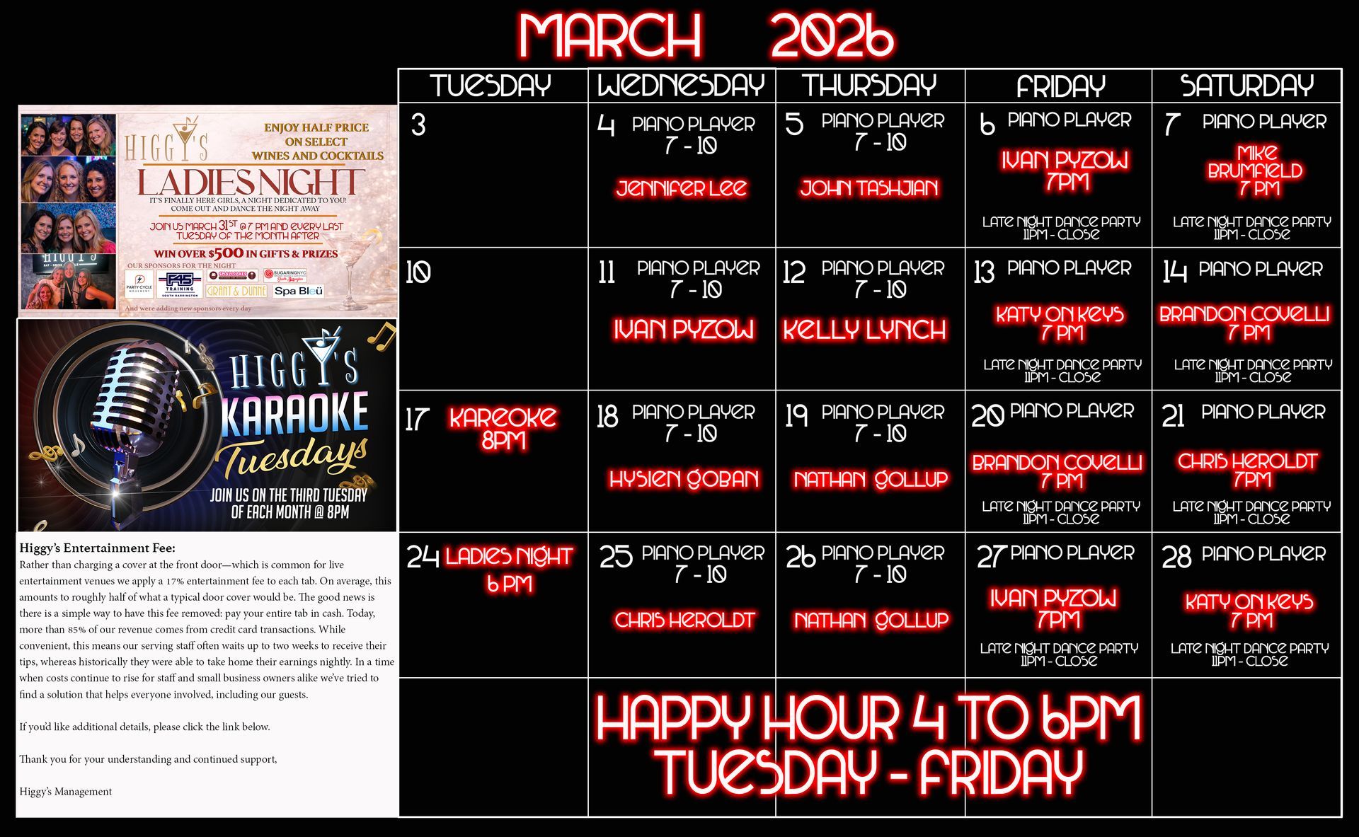 Calendar for February 2026, with Ladies Night & karaoke events, plus Happy Hour.