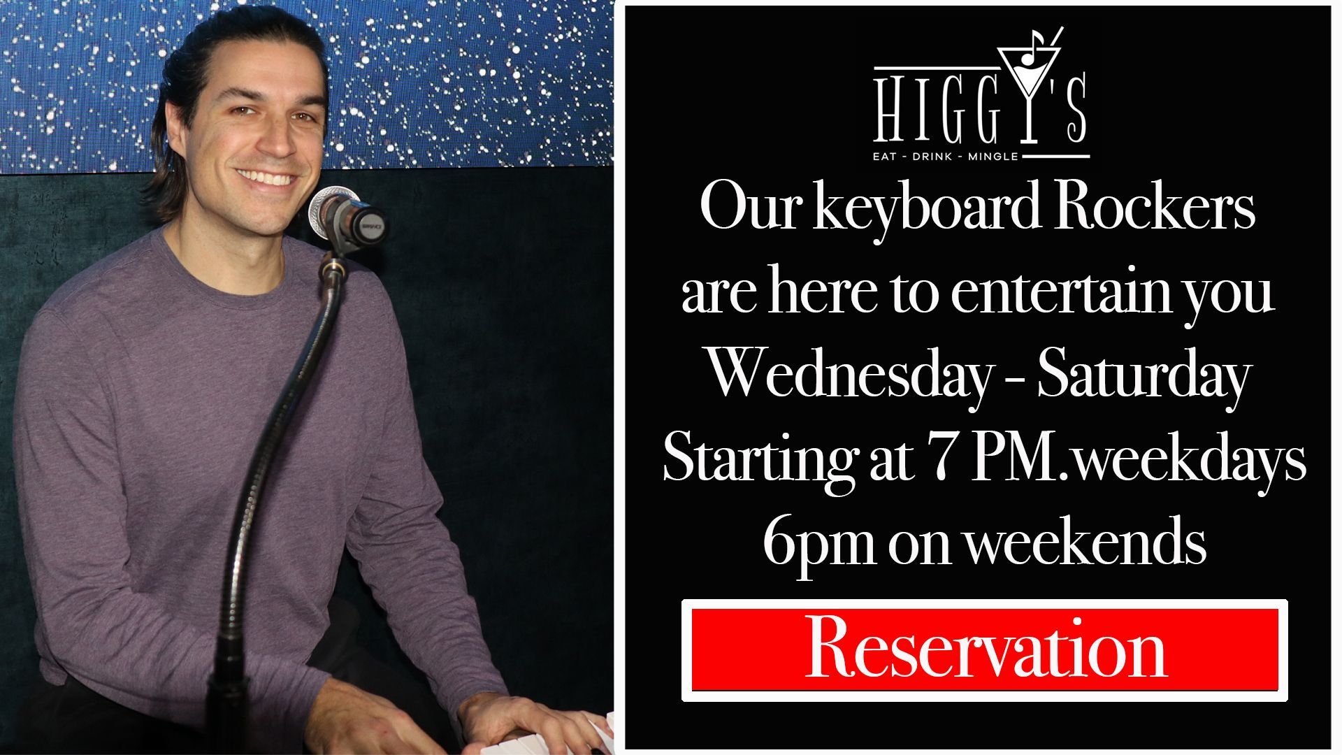 Man at a microphone, smiling. Text reads: 