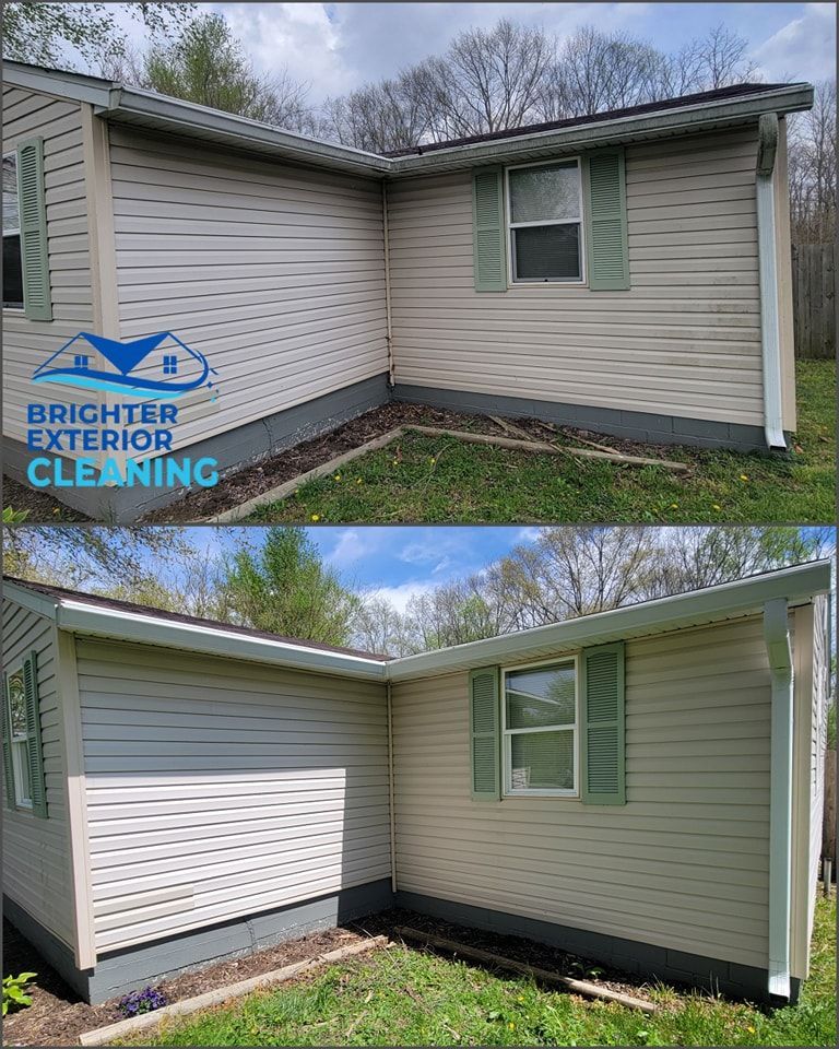 A before and after picture of a house that has been cleaned by brighter exterior cleaning.
