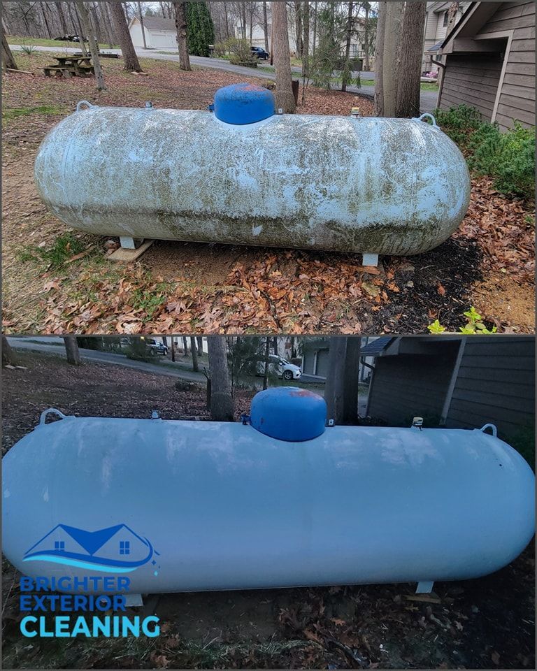A before and after picture of a propane tank being cleaned.