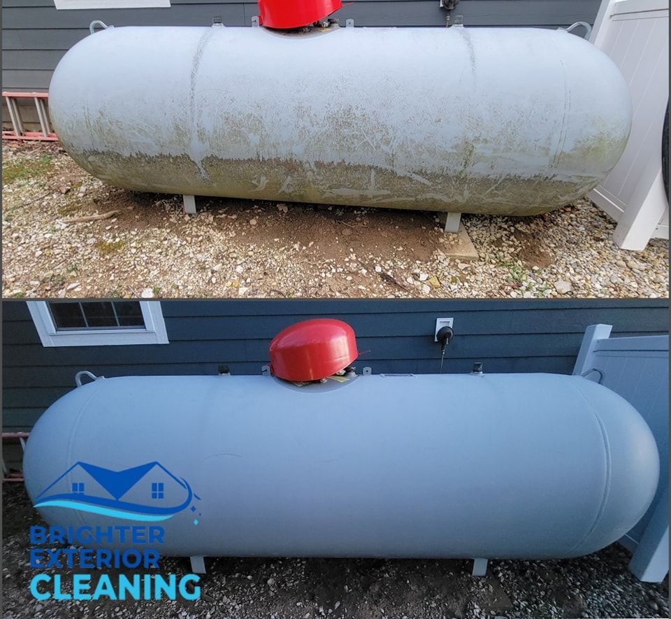 A before and after picture of a propane tank being cleaned by daughter exterior cleaning