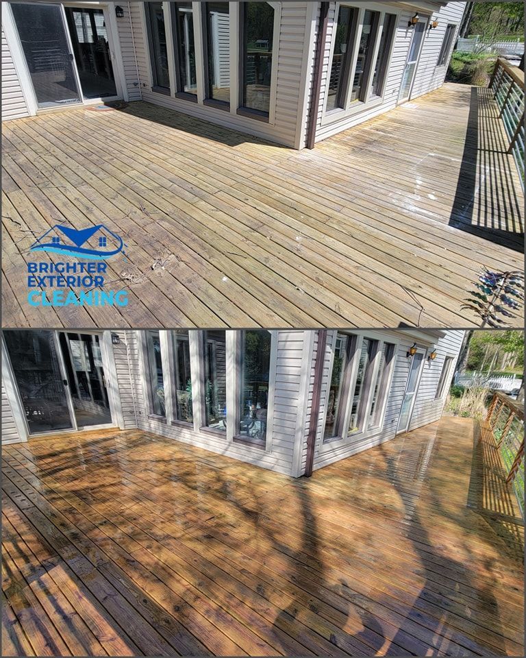 A before and after photo of a wooden deck in front of a house.