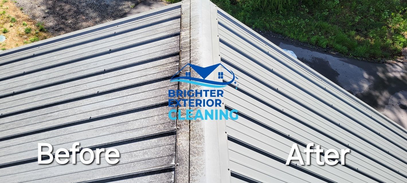 A before and after picture of a roof that has been cleaned by brighter interior cleaning.