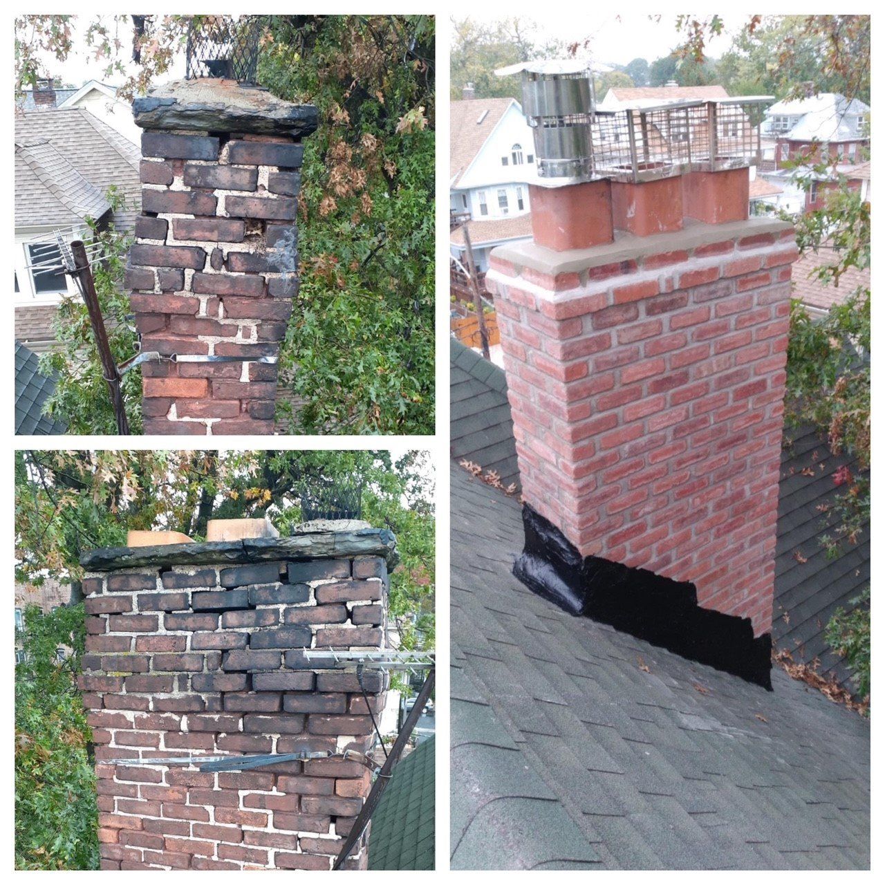 Collage of brick chimney before and after repair.  One shows severe damage; the other, a rebuilt chimney with flashing.