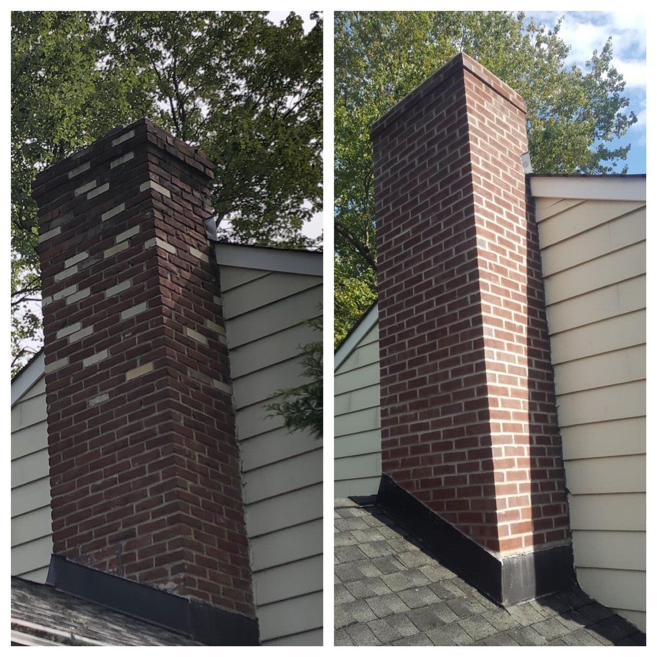 Before and after of a brick chimney; left side dirty, right side clean.