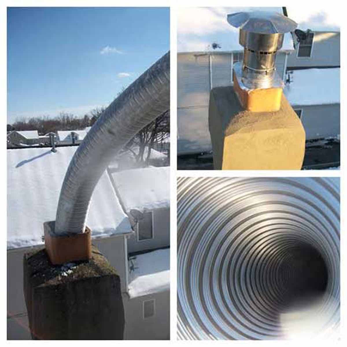 Chimney with a flexible metal flue, on a snowy rooftop. Close-up on the flue and cap.