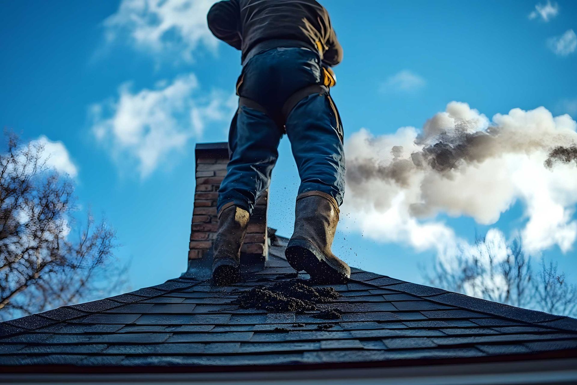 Professional technician providing expert chimney cleaning services on a residential roof.