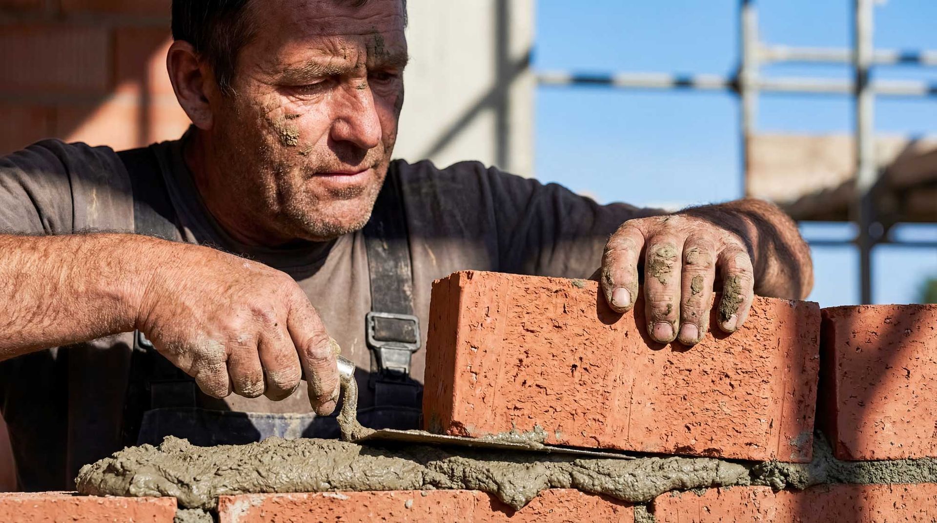 A professional masonry contractor laying bricks with a trowel on a construction site. A professional masonry contractor laying bricks with a trowel on a construction site.
