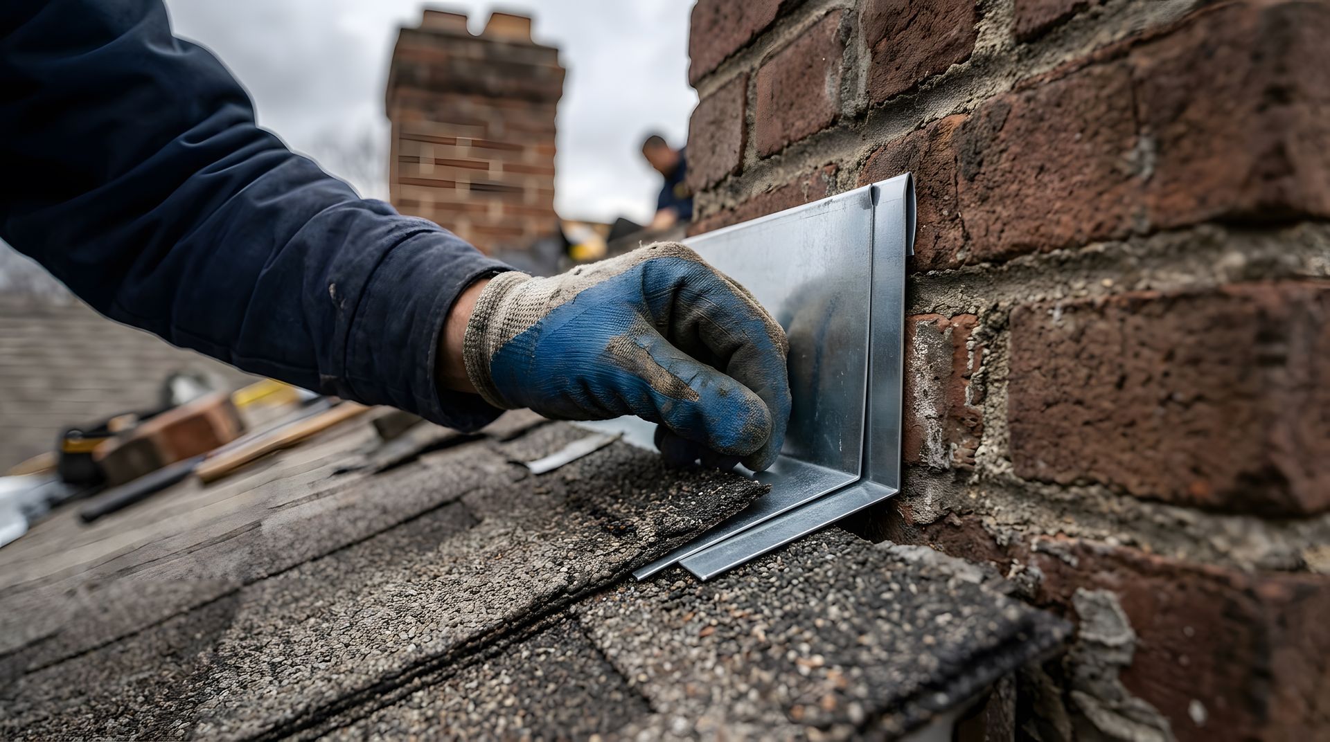 Contractor in gloves installing a metal chimney liner component against a brick chimney on a residen
