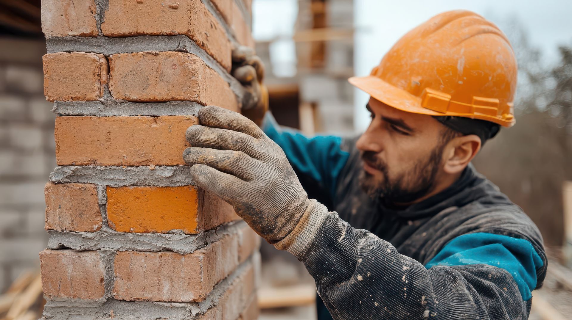 Skilled mason adjusts brickwork to keep the column perfectly straight.