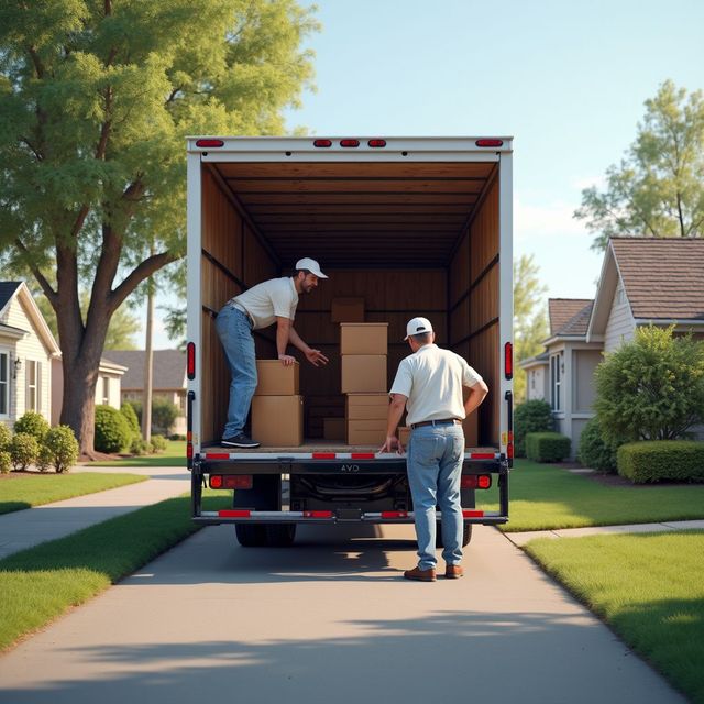 Two movers load cardboard boxes into a moving truck parked on a suburban driveway.