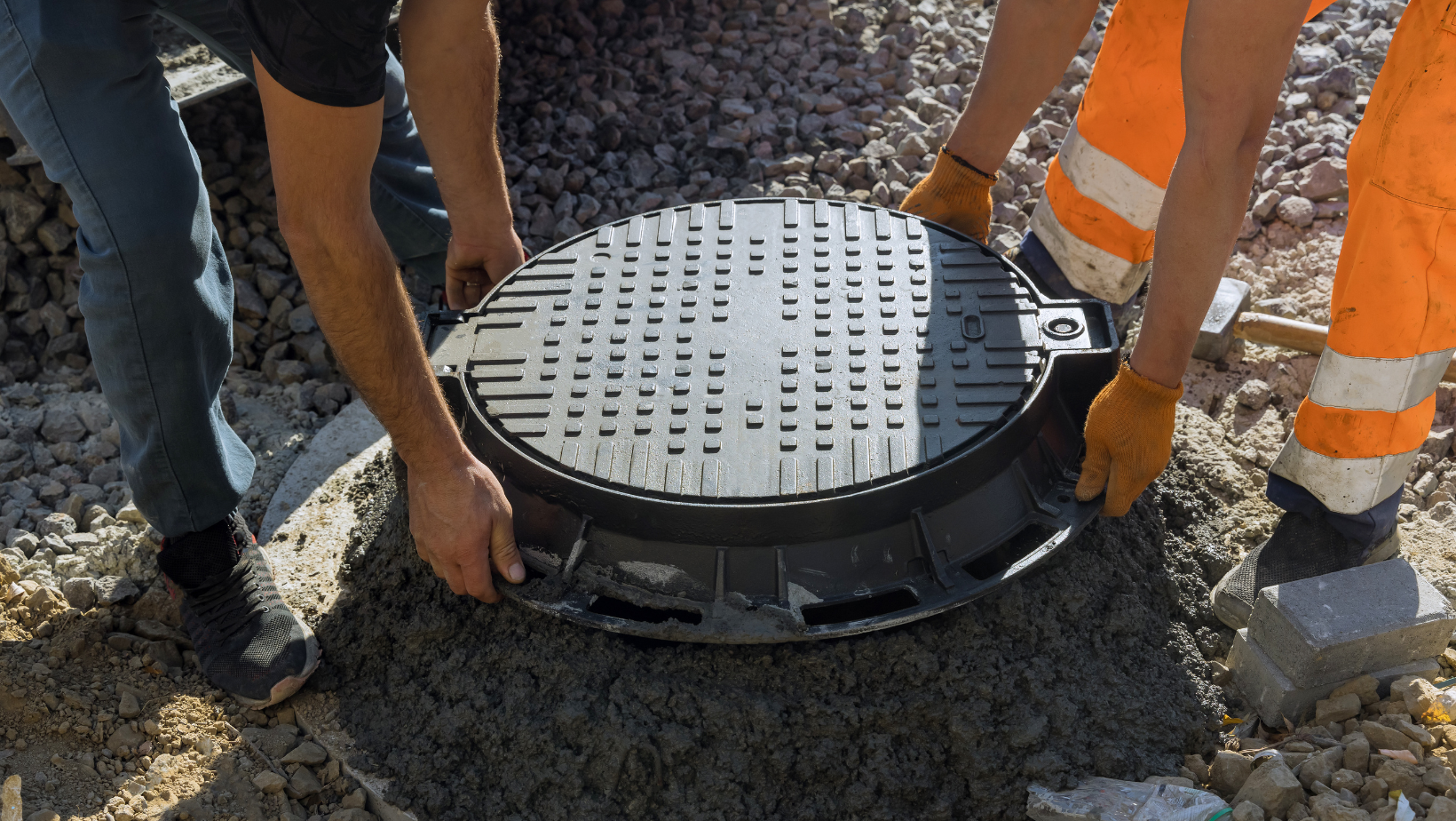 Two men are working on a manhole cover in the dirt.