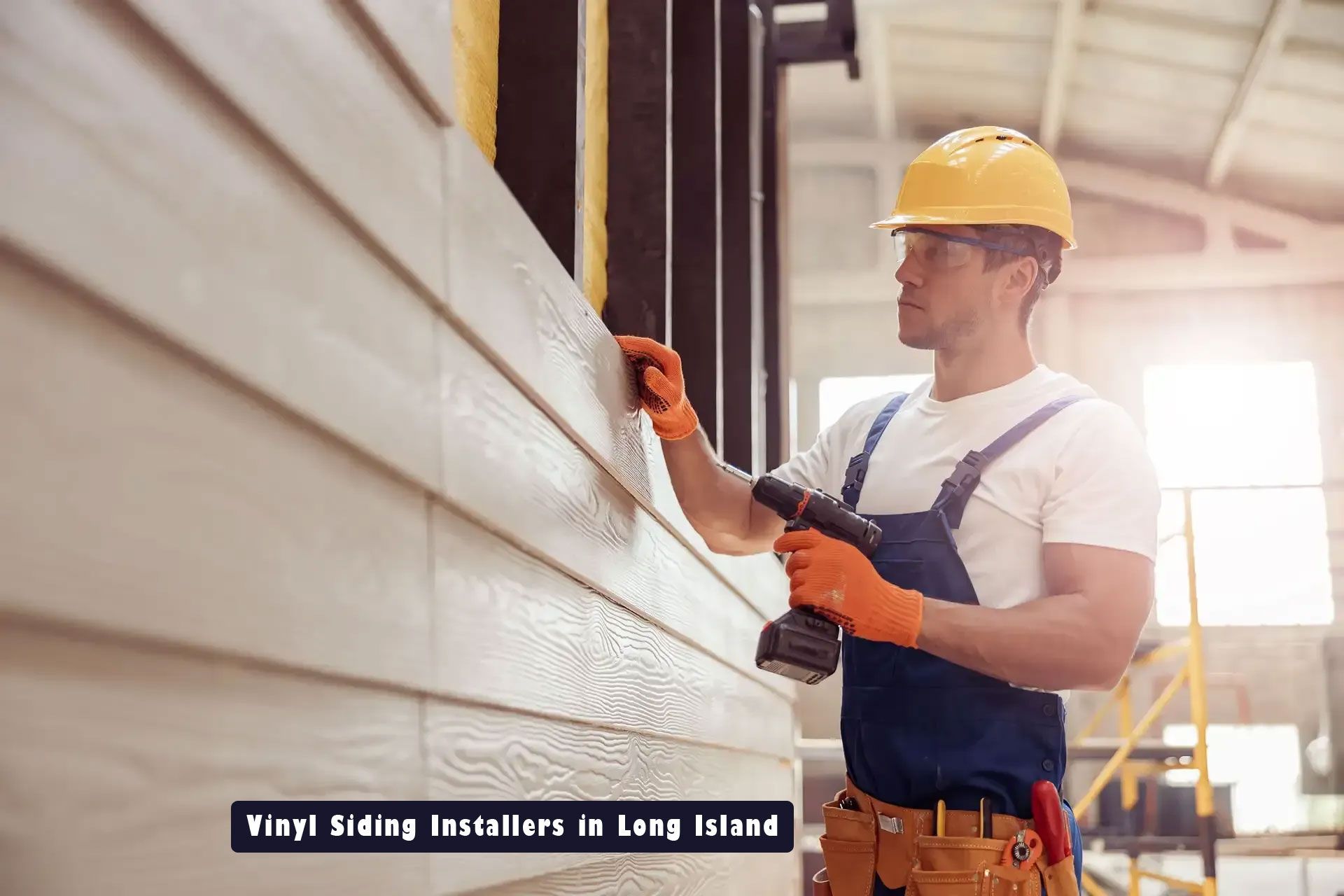A man is using a drill to install siding on a house.