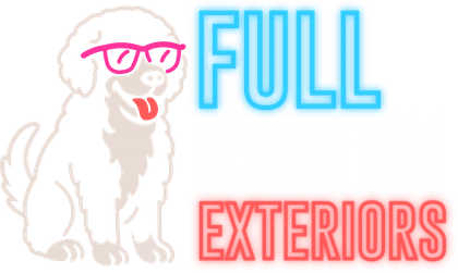 Dog wearing glasses, next to glowing text "FULL EXTERIORS."