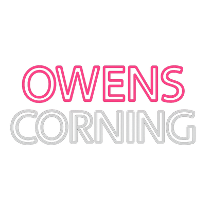 Owens Corning logo in pink and gray outline font.
