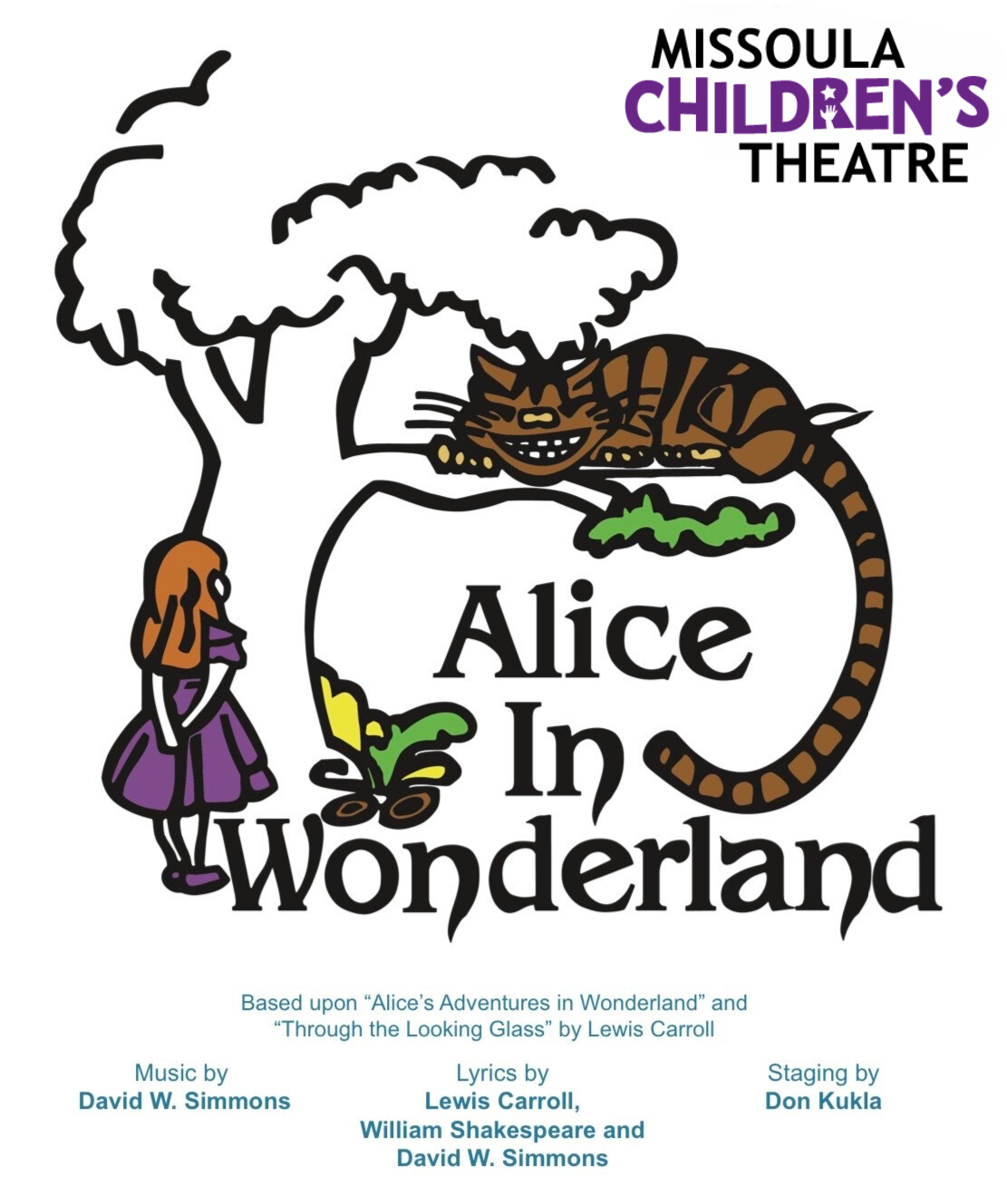 Poster: Alice in Wonderland logo; Alice, grinning Cheshire Cat, tree.