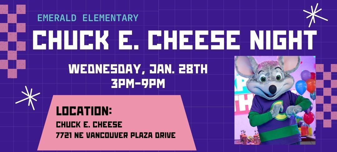 Flyer for Emerald Elementary Chuck E. Cheese Night on Jan. 28th, 3PM-9PM at 7721 NE Vancouver Plaza Drive. Chuck E. Cheese is pictured.