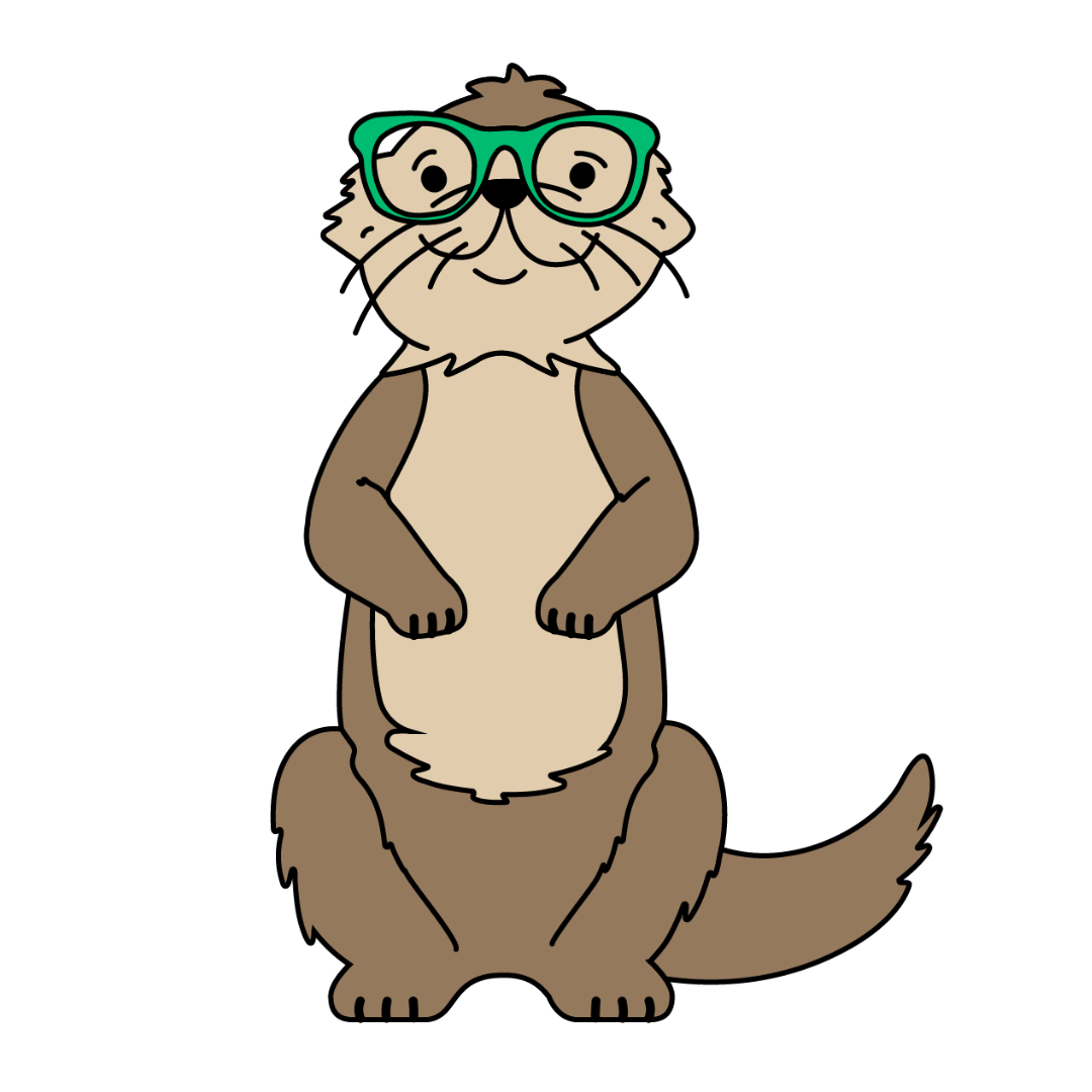 Brown otter wearing green glasses, smiling.