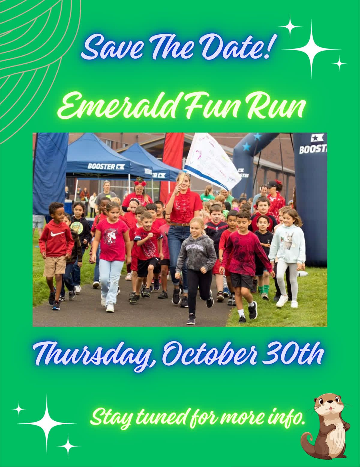 Emerald Fun Run save-the-date poster: Kids running a race; green background, sparkles, and an otter illustration.