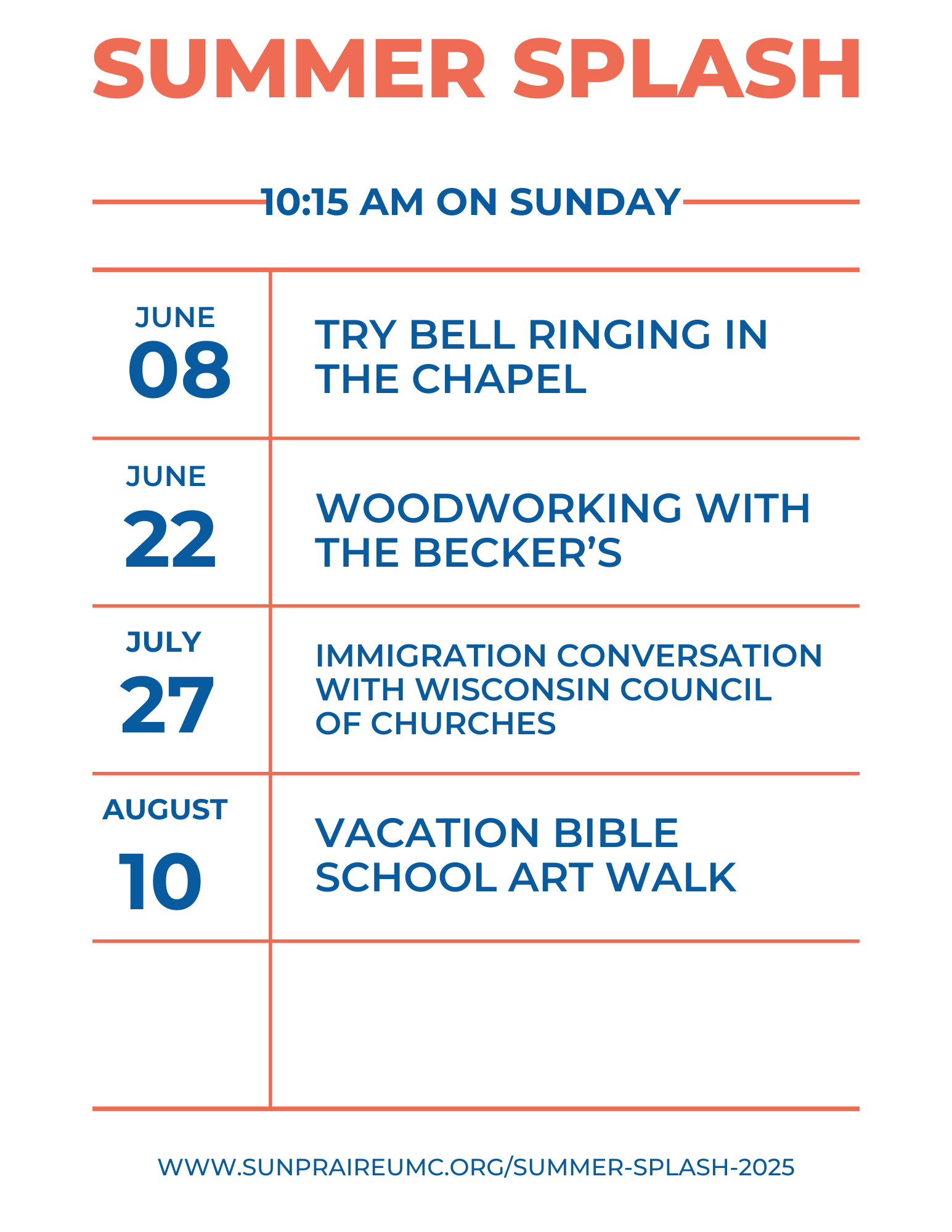 A poster for summer splash , a vacation bible school art walk , and try bell ringing in the chapel.