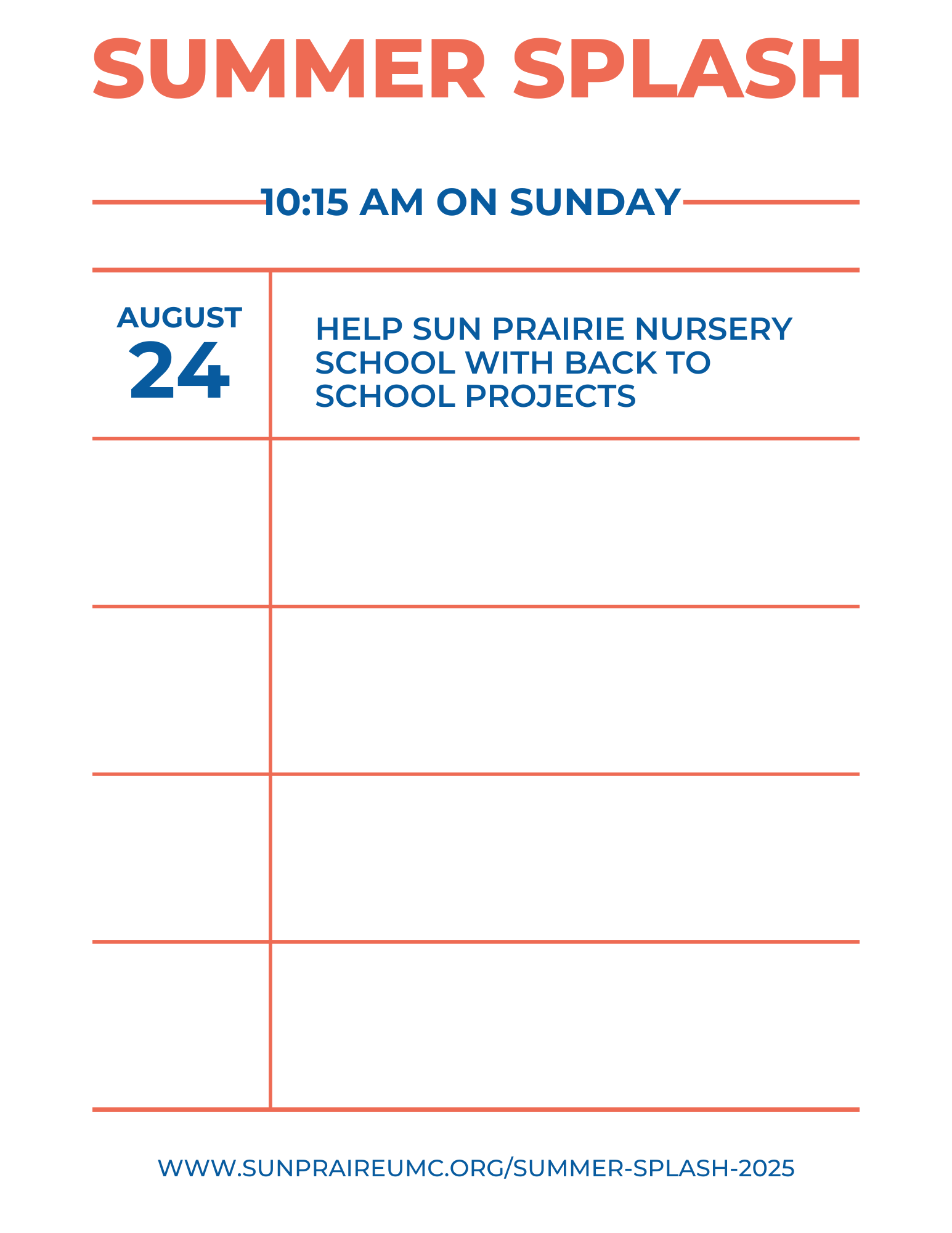 A poster for summer splash , a vacation bible school art walk , and try bell ringing in the chapel.