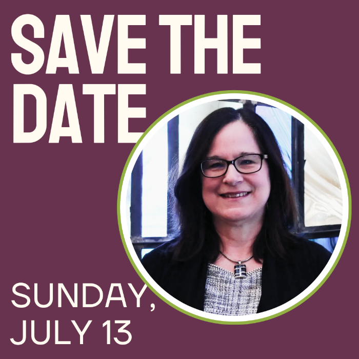 A woman in a circle with the words save the date sunday july 13