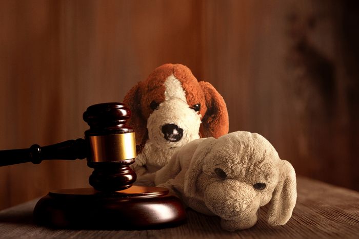 Two stuffed dogs are sitting next to a judge 's gavel on a table.