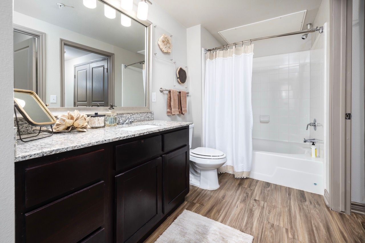 Apartment bathroom with a dark wood vanity, granite countertop, large mirror, toilet, and white tub/shower.