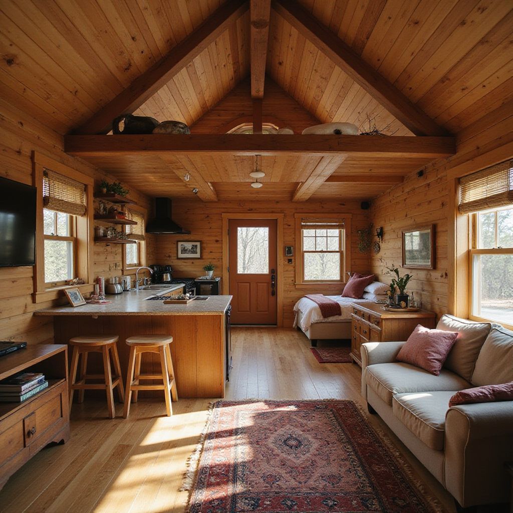 Cozy cabin interior with wooden walls, kitchen, living area, and a loft space.