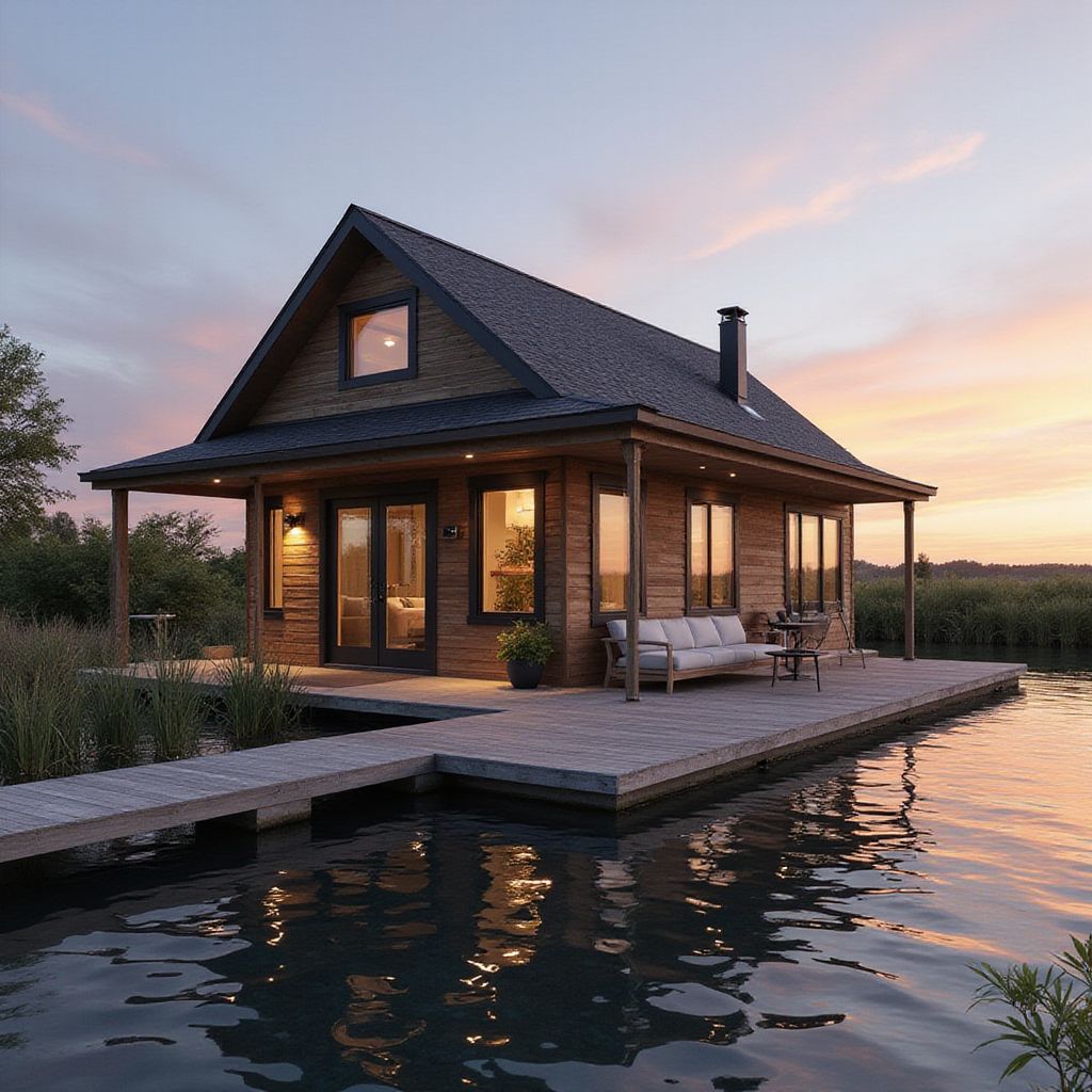 Cottage on water at sunset. Wooden structure with porch, a dock, and reflections in the water.