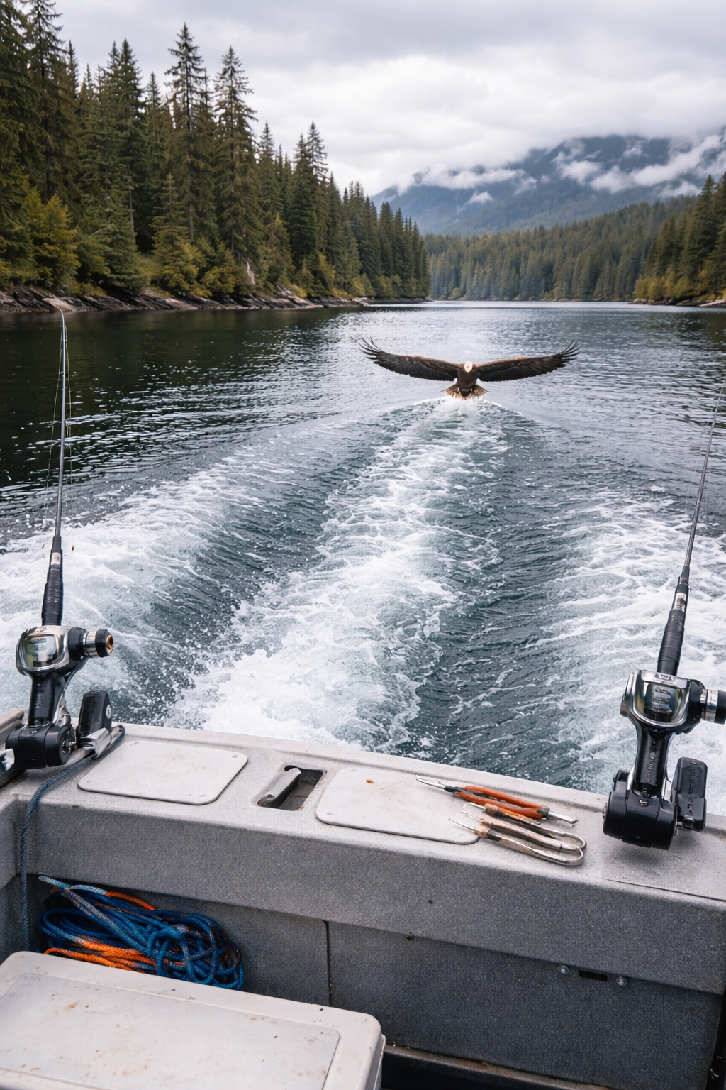 Boat's wake with an eagle flying. Forested mountains in background. Fishing rods and gear visible.