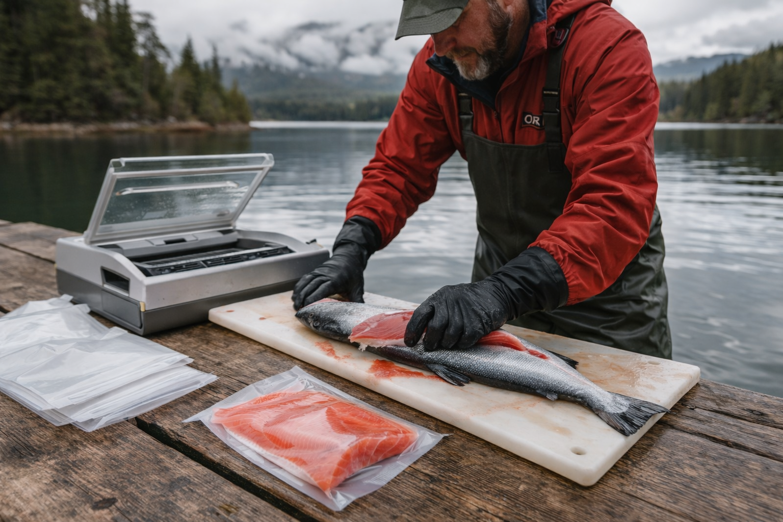 Man in rain gear fillets fish on a wooden board by a lake, vacuum sealer nearby.