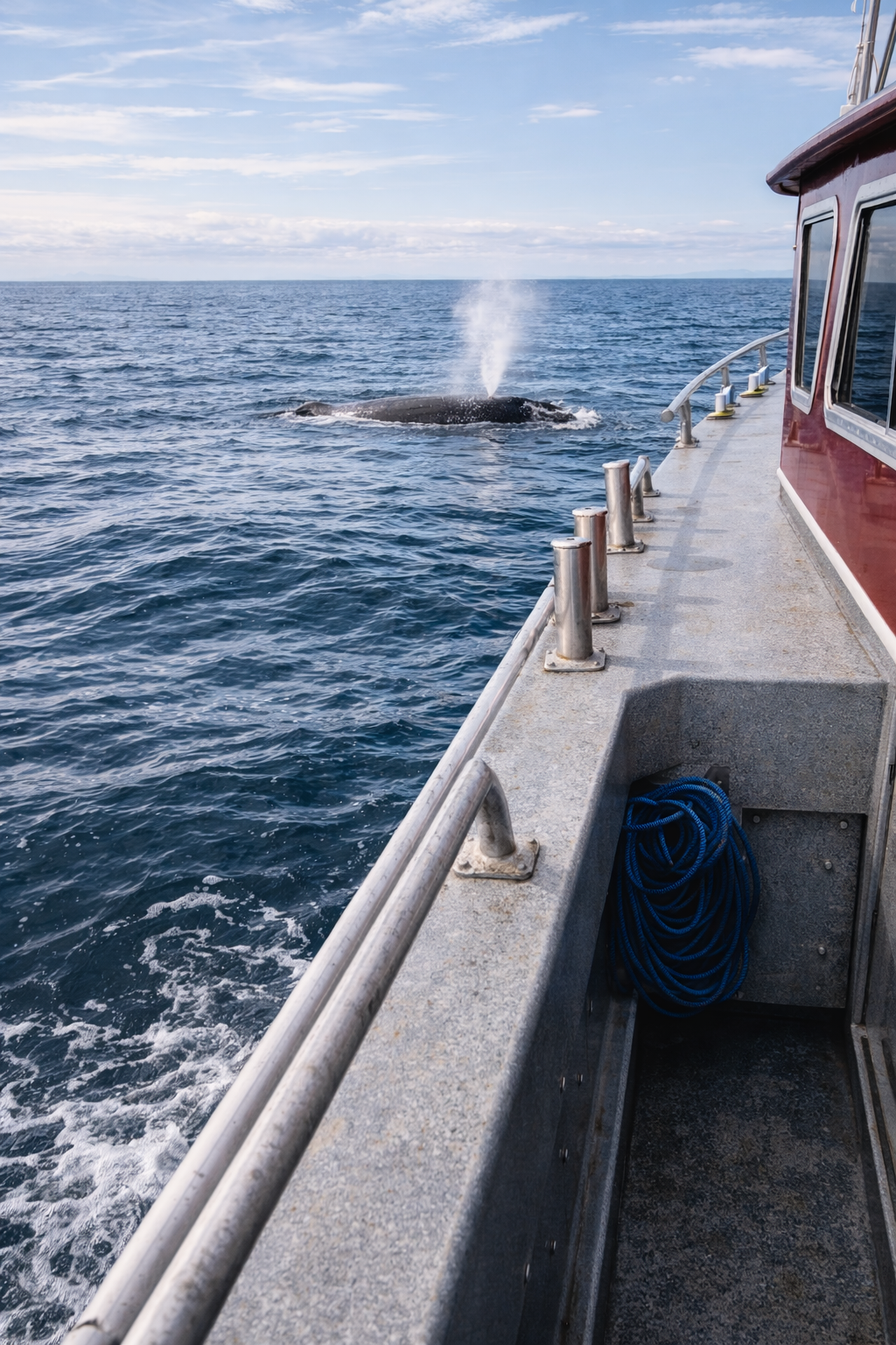 Whale surfacing near a boat at sea, with a spray of water visible.