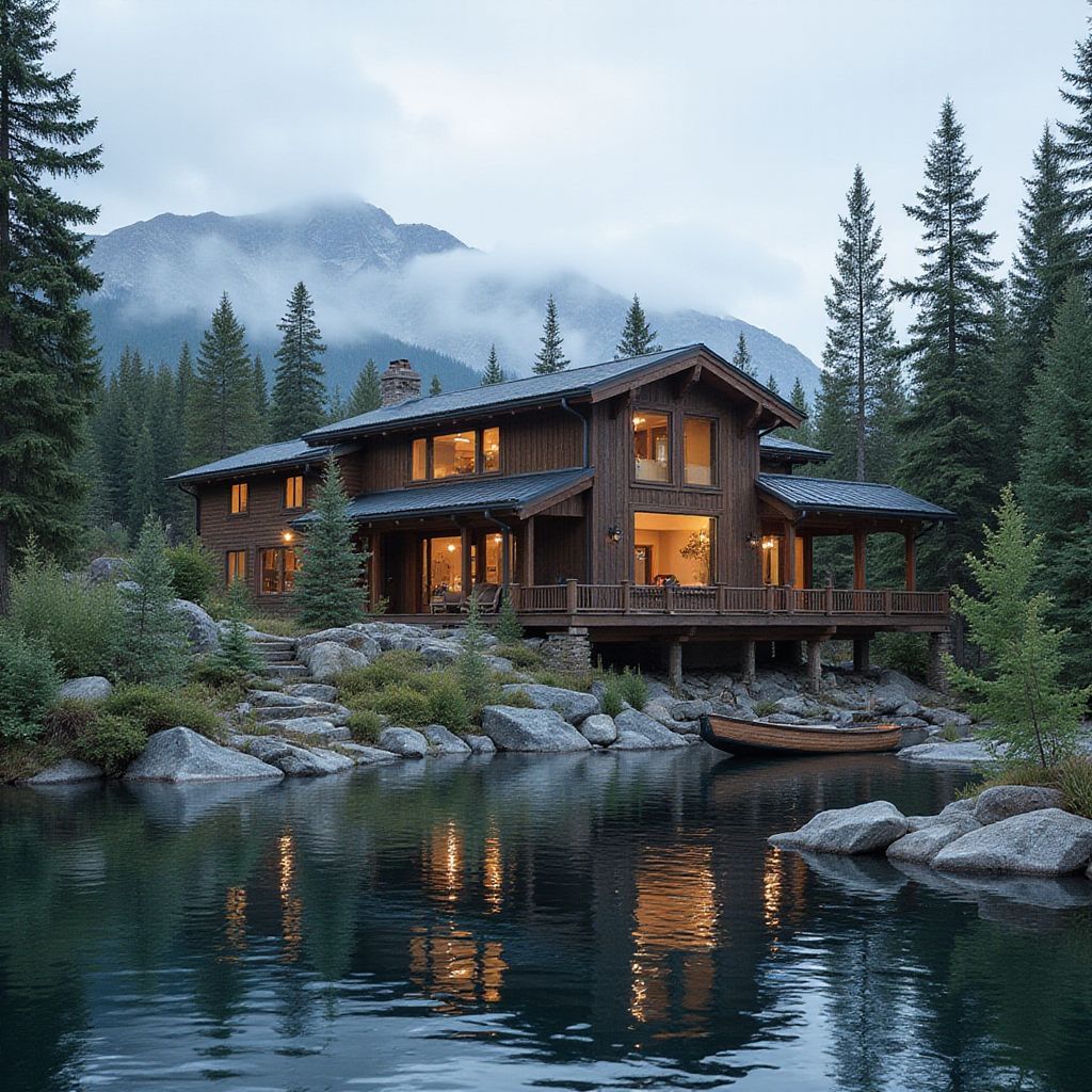 Rustic wooden cabin by a lake, surrounded by trees and mountains. Warm lights shine from within.