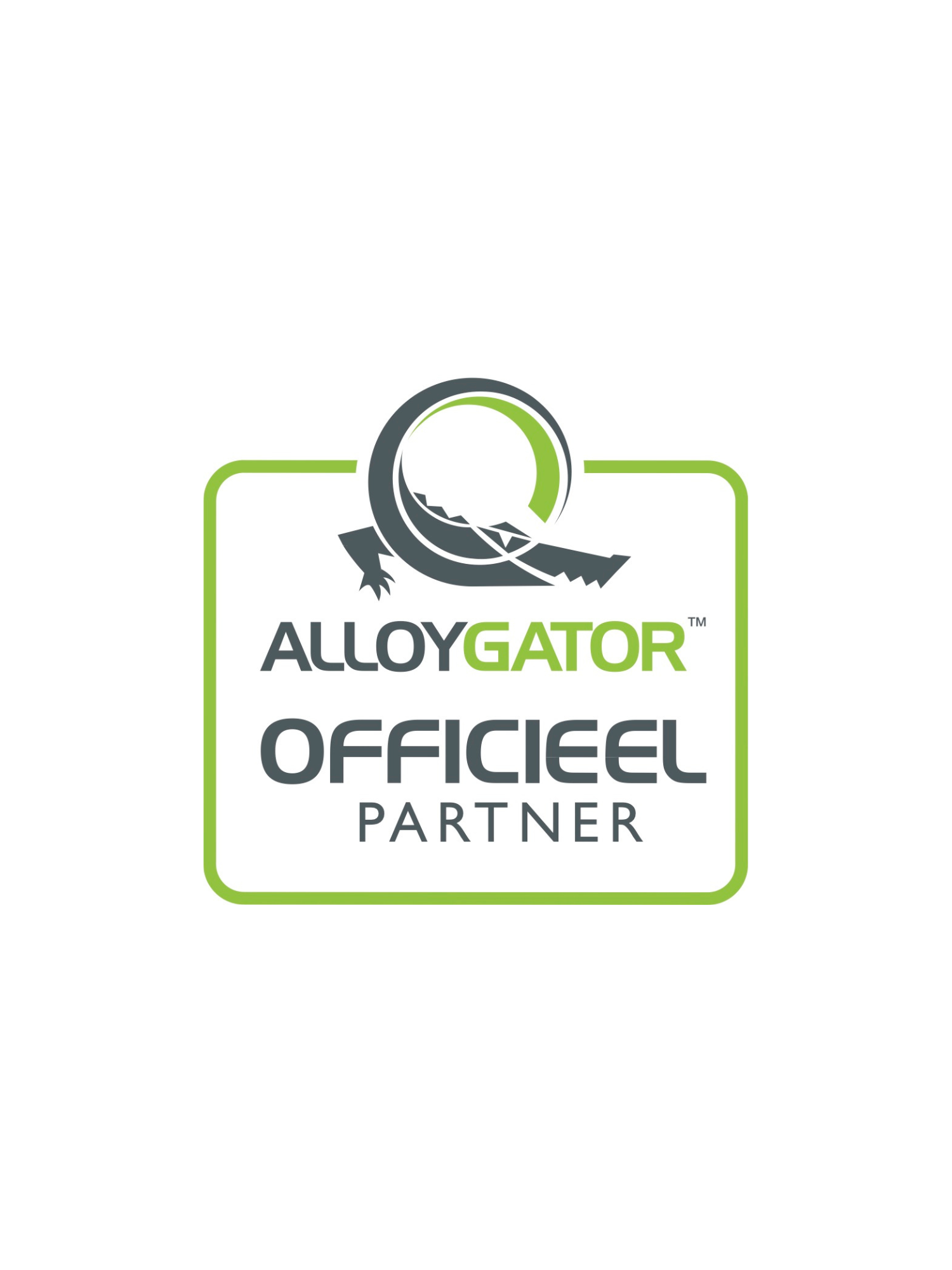 Logo voor de officiële partner van AlloyGator. Groen en grijs alligatormotief. Groene rand.