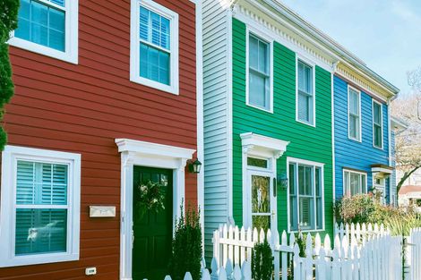 A Row Of Colorful Houses With A White Picket Fence – Chico, CA - Steve Caperello Painting