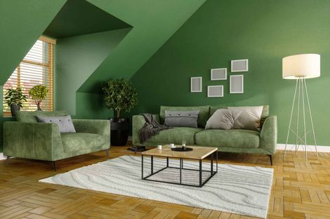 Green Living Room With Green Sofa, Coffee Tables And Plants – Chico, CA - Steve Caperello Painting