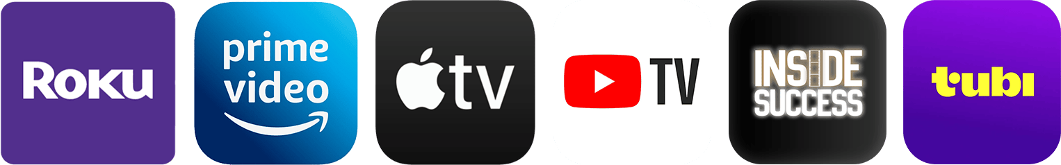Logos for Roku, Prime Video, Apple TV, YouTube TV, Inside Success, and Tubi.