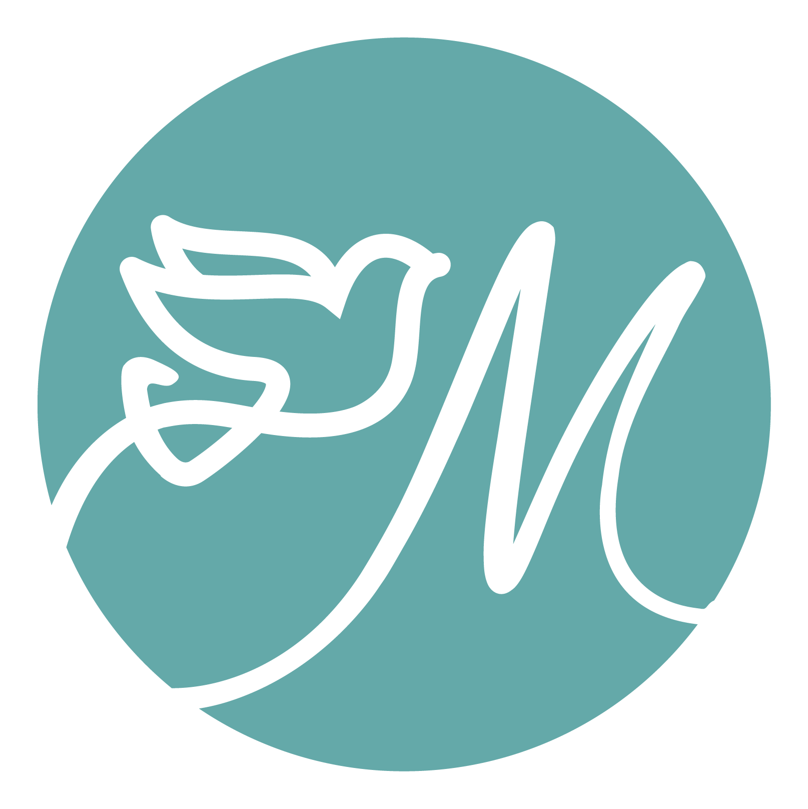 Teal circle logo with white dove and stylized