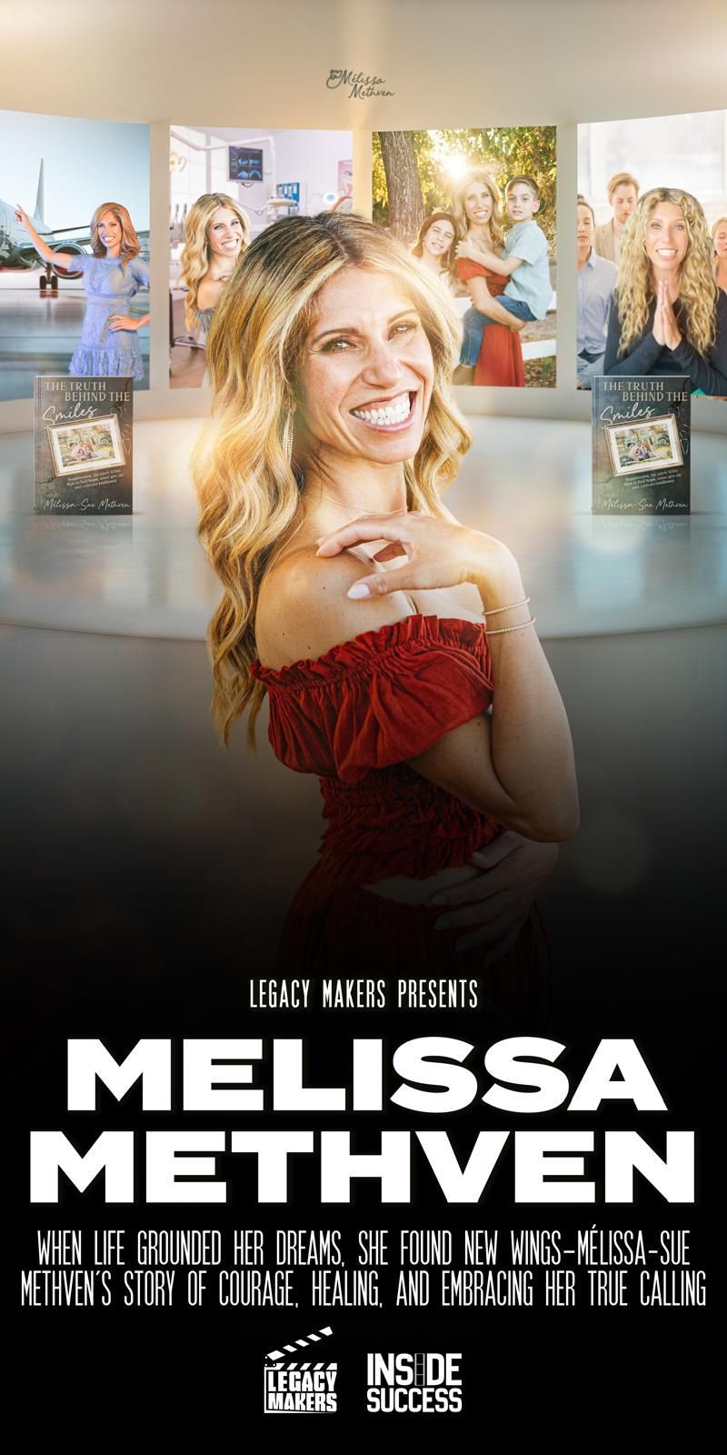 Woman with blonde hair smiling, framed by family photos. Red dress, dark background, text: Melissa Methven.