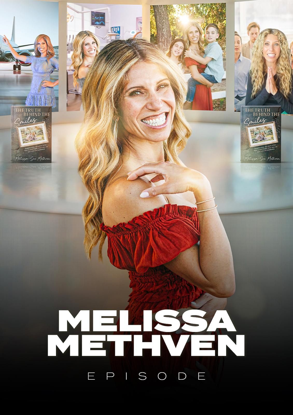 Woman in red dress smiles, multiple inset photos, book covers, 