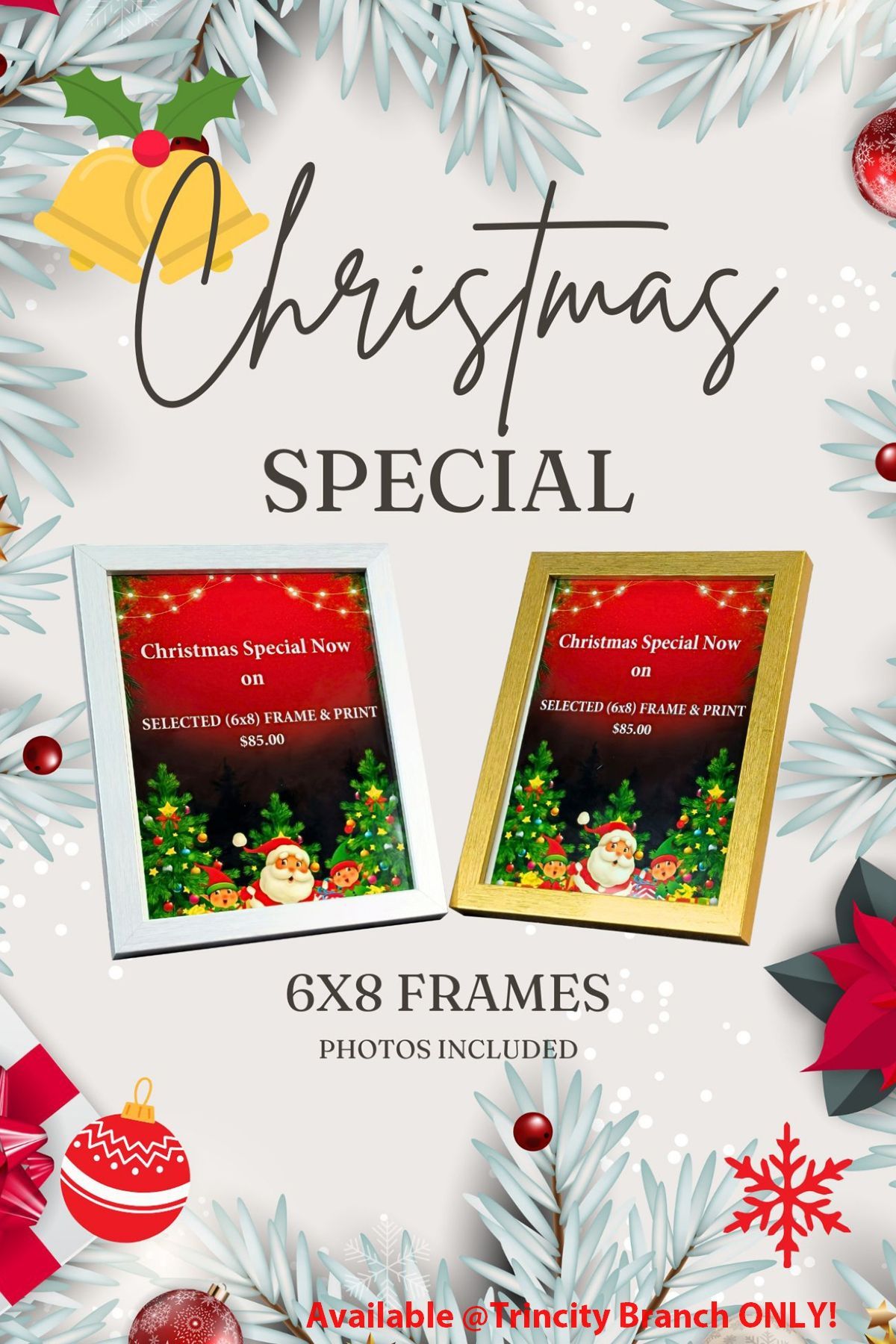 Christmas special advertisement: 6x8 frames with included photos; white and gold frames shown.