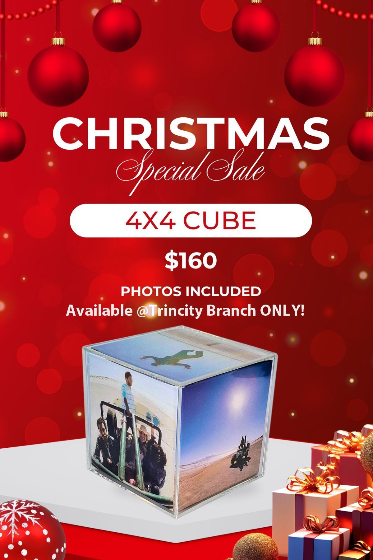 Christmas sale ad: a 4x4 cube with photos included for $160, available only at the Trinity Branch. Red background with ornaments.